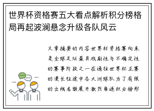 世界杯资格赛五大看点解析积分榜格局再起波澜悬念升级各队风云