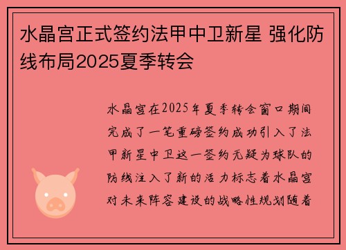 水晶宫正式签约法甲中卫新星 强化防线布局2025夏季转会